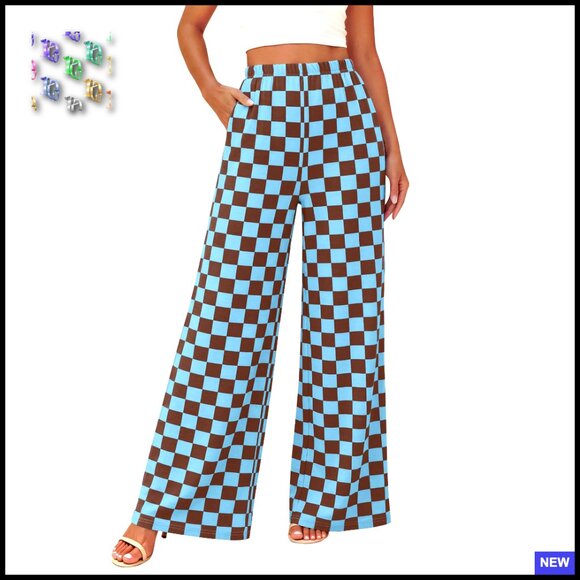 Checkered Palazzo Pants Wide Leg High Waisted Pockets Lounge Casual Trousers